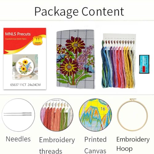 Zhenqing Sunflower Bouquet Cross Stitch Kit for Beginners - Complete Set with Pre-Printed 11CT 24x24cm Fabric, Hoop & Threads(65637) - color: 65637