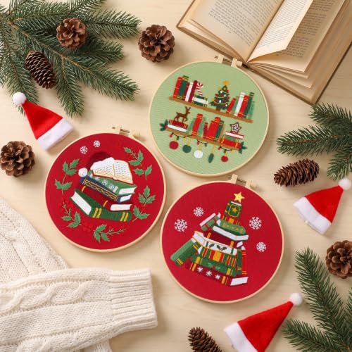 Mindsoft 3 Sets Christmas Booklover Embroidery Kit with Hoop Easy Pattern - style: Christmas Booklover