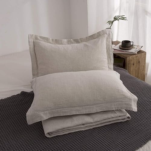 Simple&Opulence 100% Linen Duvet Cover Set with Embroidery Border Washed - 2 Pieces (1 Duvet Cover & 1 Pillow Sham) with Button Closure Soft Breathable Farmhouse - Linen, Twin Size - color: Linen, size: Twin