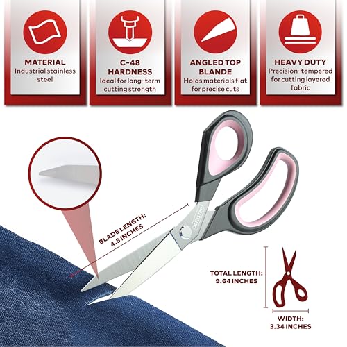 XFasten Sewing Scissors for Fabric Cutting Pink 9.5 Inch Professional Fabric Scissors Sewing | Heavy duty and Large - color: Pink