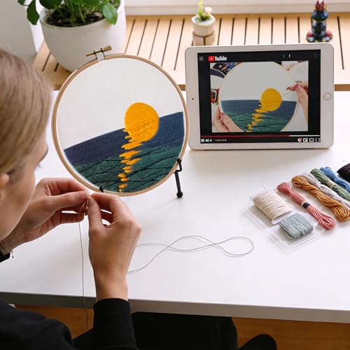 Armindou Hand Embroidery DIY Kits for Beginners Adults, Sea Sunrise Embroidery Set Needlepoint Kits, Stamped Cross Stitch Kits for Beginners Adults, 2 Embroidery Hoops, Fabric(Attached Video Tutorial) - color: Scenery, size: 8inch