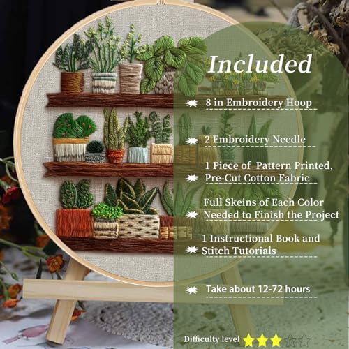 FONNUY Green Plant Embroidery Kit, Petite Potted Plants Patterns, Cross Stitch Kits for Adults and Beginners, Handmade Crafts with Printed Pattern Set, Thread Needlework, 8'' Hoop (Greeen A02) - color: Greeen A02