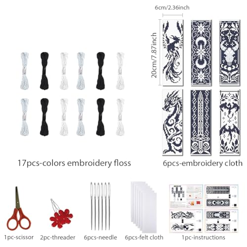 FREEBLOSS 6 Set 11CT Cross Stitch Bookmarks Kit Dragon Elements Stamped Cross Stitch Kit DIY Embroidery Bookmark Set with Instruction for Adults Beginners 20x6cm/8x2.4inch - style: Fantasy