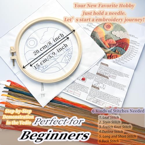 FONNUY Embroidery Kit for Beginners, Textured Vibrant Nature Landscape Pre-Stamped Pattern Kits for Adults with Hoop, Easy to Follow Color Thread Needlework, 8'' Hoop (Red 1) - color: Red 1