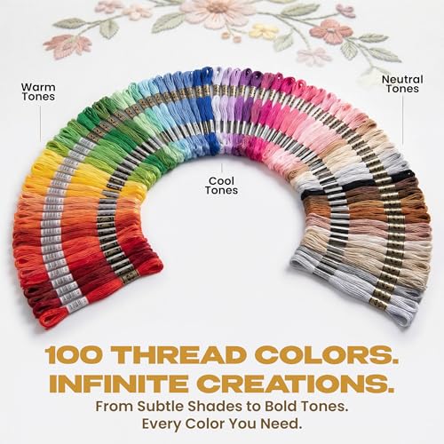 KEFF Craft Embroidery Kit for Beginners - 100 Embroidery Thread Colors, 4 Hoops, Scissors, Needles, Pins, Blank Fabrics & Tools – Cross Stitch Supplies, Cross Stitch Kits, Arts and Crafts for Adults