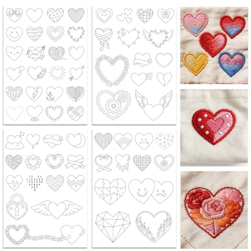 ORIGACH 4 Sheets 66 Pcs Water Soluble Embroidery Patterns Stabilizers - Pre-Printed Love Heart Designs - Stick & Stitch Embroidery Paper for Hand Sewing Lovers - color: Love Heart