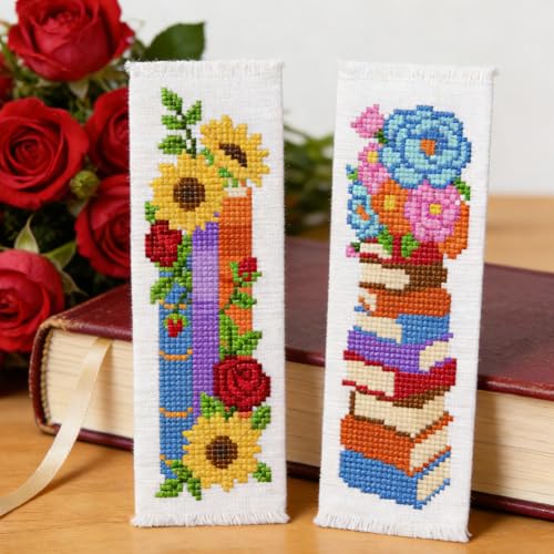 ORIGACH 6 Set Stacked Books & Flower Cross Stitch Bookmark Kit for Beginner - style: Stacked Books & Flower