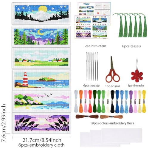 ACRNIGHEET 6PCS Cross Stitch Bookmark Kit for Beginner Stamped Cross Stitch Kits for Adults Horizontal DIY Tassel Embroidery Bookmark Kits Needlepoint Kit with Instructions Craft Gift 8.5''x3'' 11CT - style: Horizontal Scenery with Tassel
