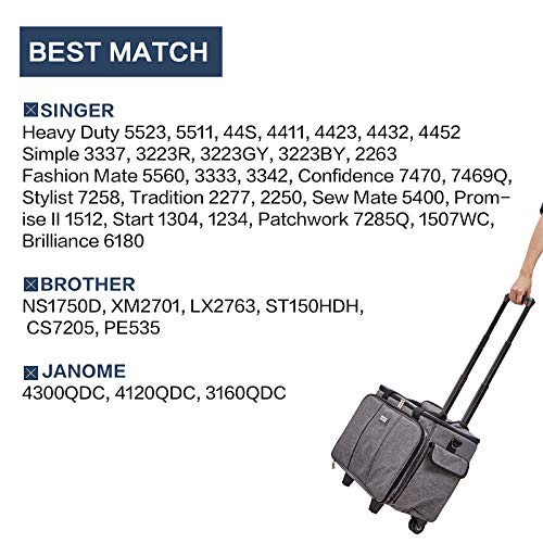 HOMEST Deluxe Sewing Machine Case with Wheels, Rolling Trolley Tote - color: Grey, size: Sewing Machine Bag Style W