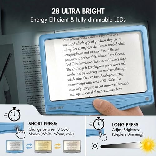 MagniPros 5X Rechargeable LED Page Magnifier with 3 Color Light Modes-Blue - color: Blue