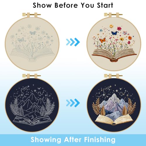 ERKOON Embroidery Kit for Beginners, 2 Set Floral Cross Stitch Set Include Embroidery Cloth Hoops Threads for Craft Lover Hand Stitch with Embroidery Skill Techniques (Book) - color: Book
