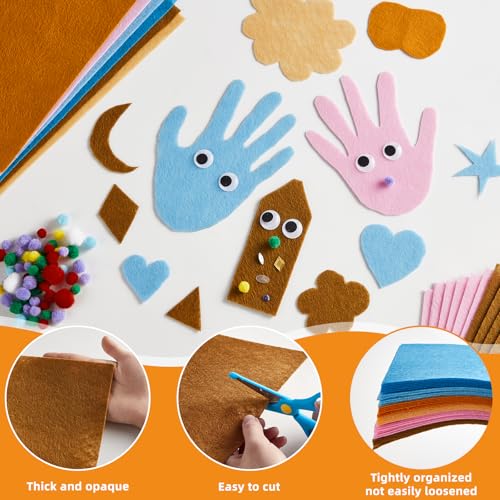 42Pcs Boho Felt Fabric Sheets 8 x 12 Inch Brown Beige Blue Assorted Soft Thick Felt Pack with Wiggle Google Eyes Pom Poms Glitter Patchwork Craft Supply for DlY Sewing Creative Art Project Decor - style: Boho Series