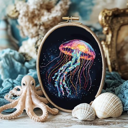 BENECREAT 4 Sheets 16 Pcs Jellyfish Water Soluble Embroidery Pattern, Stick and Stitch Embroidery Paper Wash Away Designs, Embroidery Starter for Beginners DIY Craft, Sewing Embroidery - color: Jellyfish