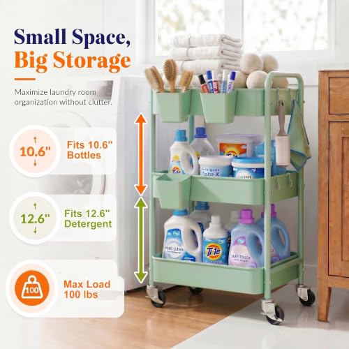 3 Tier Rolling Storage Cart Metal with Wheels,Sage Green Diaper Caddy Carts - color: Sage Green, size: 3 Tier + Cups + Hooks