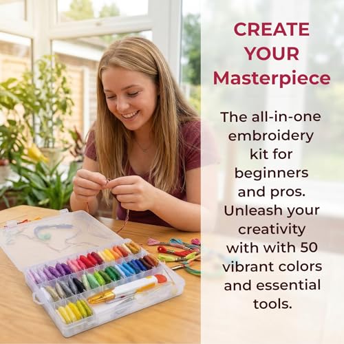 Huacan Embroidery Floss Kit with Storage Box 50 Colors Stitching Threads Sewing Kits 67 Pcs DIY Cross Stitch Accessories Set for Adults Beginner - color: 50 Color（67 Pcs）