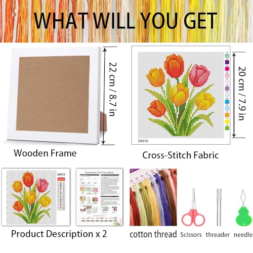 VIGEGU Tulip Stamped Cross Stitch Kits for Adult Beginner with Wooden Frame - color: Tulip Cross Stitch Kits for Beginners