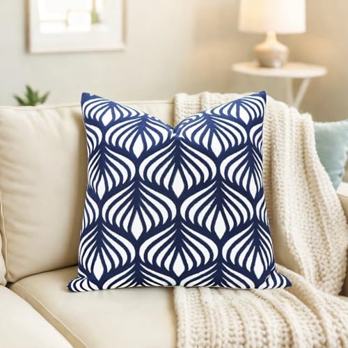 Slow Cow Embroidered Throw Pillow Cover 18 x 18 Inch Navy Blue - color: Navy Leaves, size: 18" x 18" (Pack of 1)