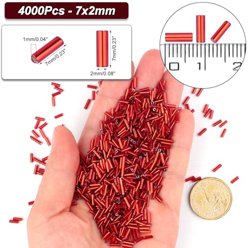 4000 Pcs Deep Red Glass Bugle Beads, 2 x 7 mm Embroidery Beads, Small Long Tube Seed Beads for Embroidery Craft Jewelry Making - color: Deep Red