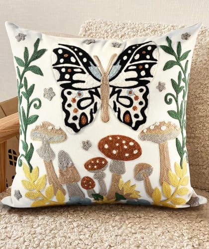 Embroidered Throw Pillow Cover, 18x18 Inch, Butterfly Moon - color: Butterfly Moon, size: 18" x 18" (Pack of 1)