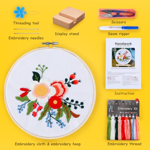 BERYA Embroidery Kit for Beginners, Flowers and Leaves Embroidery Practice Kit, Hand Floral Embroidery Starter Kit for Adults with Video Step by Step Instructions, Hoops, Threads and Needles (BEF014) - color: flower yellow and pink