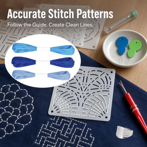 61 Pcs Sashiko Thread Kit with Plastic Sashiko Stencil, Embroidery Kit Fits for Sashiko Stitching, Hand Quilting Mending Supplies, Japanese Sewing Patterns for Beginners Visible Mending Kit Set