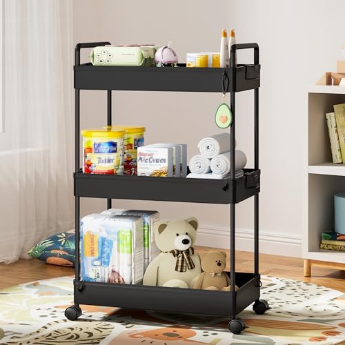 Ronlap 3 Tier Slim Rolling Storage Cart with Wheels Utility Organizer,Black - color: Black