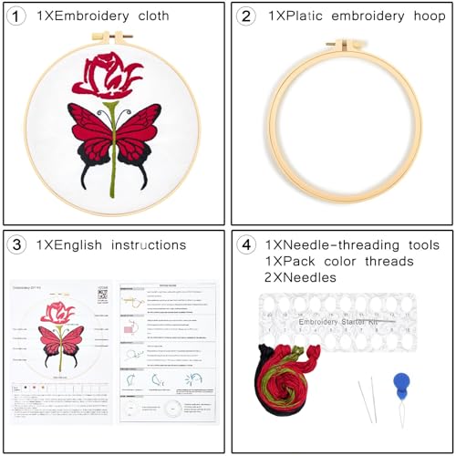 Butterfly Rose Embroidery Kits for Beginners Adults, Valentine's Day Hand Embroidery Kits, Cross Stitch Kits for Adult Anniversary Valentine's Gifts, Entire Set of Embroidery Supplies & Video Tutorial - color: H2068
