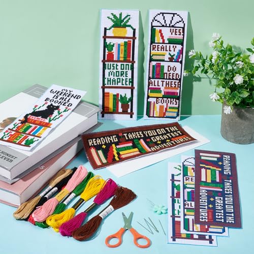 ACRNIGHEET 6PCS Counted Cross Stitch Bookmark Kits for Beginners Bookshelf - style: Words and bookshelf patterns