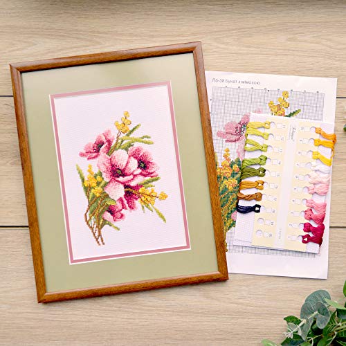 Povitrulya Flower Embroidery Kit 'Bouquet with Mimosa' - DIY Cross Stitch Set for Engagement, Graduation, Mother's Day Gift - color: Bouquet with Mimosa