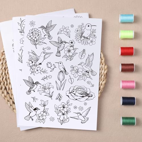 Water Soluble Embroidery Patterns Stabilizers, 4 Sheets Hummingbird Floral Stick and Stitch Papers Wash Away, Bird Animal Flower Transfers Papers DIY Crafts Gifts for Hand Sewing Lover Beginners - size: Hummingbird flower