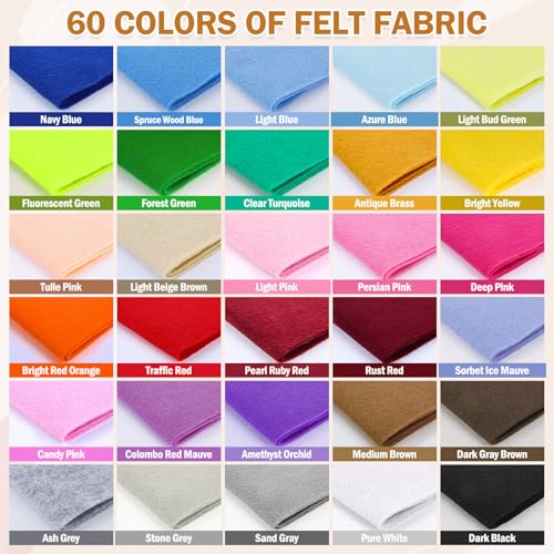 XSEINO 60PCS 8" x 12" 1.4 mm Thick Soft Felt Sheets,60 Assorted Multicolour Series Soft Felt Sheets for DIY Craft Sewing Squares Nonwoven Patchwork - color: 60p-multicolour