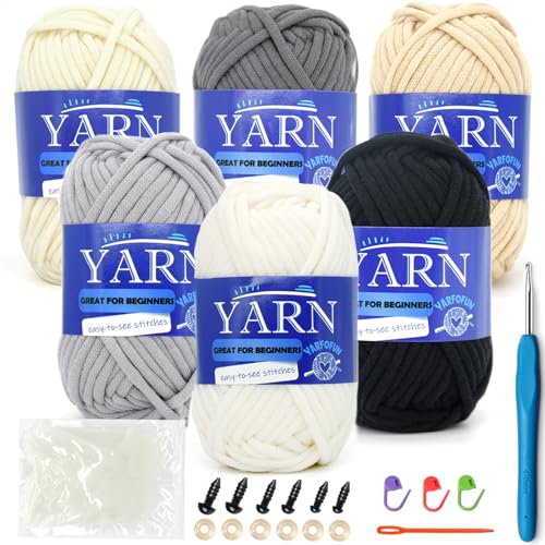 6 Pack Beginners Crochet Yarn Cotton Easy Yarn for Beginners Crocheting and Knitting with Easy to See Stitches Cotton Nylon Blend Yarn for Beginners Crochet Kit-Black White Series - color: Black White Series 02, size: 6 PACK