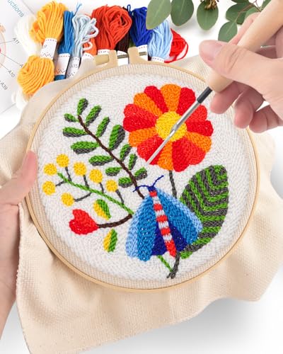 ERKOON Punch Needle Kit Adults Beginners, 2 Pcs DIY Easy Flower Embroidery Set for Starter Art Craft, Needling Punching Project with Patterns, Tools, Yarns, Hoop, Instruction (Safflower) - color: Safflower