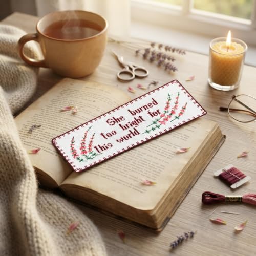 Povitrulya Wuthering Heights Bookmark Kit – She Burned Too Bright for This World Quote Cross Stitch, Gothic Literary Gift for Book Lovers, Emily Brontë Counted Embroidery Set, 16 Count Aida - color: "She Burned…"