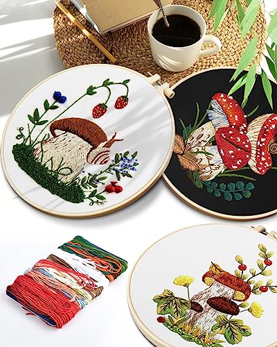 Embroidery Kit for Adult, 5 Sets Mushroom Embroidery Kit for Beginners - color: Mushroom