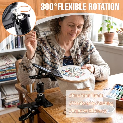Aemygo 360° Portable Metal Embroidery Hoop Stand Holder, Adjustable Table Embroidery Hoops Stand Clip for DIY Cross Stitch, Embroidery,Needlework, and Handicrafts