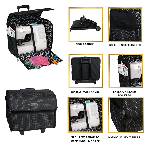Everything Mary Collapsible Sewing Machine Case, Black Dot - Craft Rolling Tote Cover Bag with Wheels for Brother, Singer & Most Machines - Storage Organization Carrying Cart for Accessories