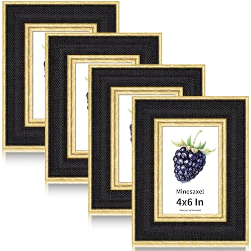 4x6 Picture Frame - Black Fabric & Vintage Gold Border HD Real Glass with Easel for Tabletop/Wall (Family Photos, Modern Decor 4 Pack) - color: Black-4pcs, size: 4x6