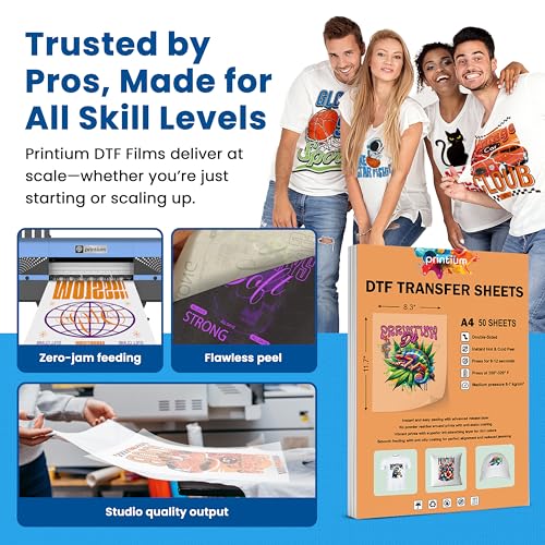 Printium DTF Transfer Film Sheets A4 (8.3 x 11.7 inch) | Premium Plus Instant Peel | Double Matte Anti-Static PET | 50 Pack | Heat Press Paper | ET8550 L1800 XP15000 XP600 R1390 I3200 TX800 5113 - size: Premium+ 50 Sheets
