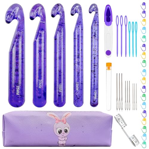 43 Pcs Large Crochet Hooks Set,12mm 15mm 18mm 20mm 25mm Large Crochet Hooks for Chunky Yarn,Plastic Crystal Smooth Big Crochet Needles for Handmade DIY Crochet with Storage Bag - color: Purple