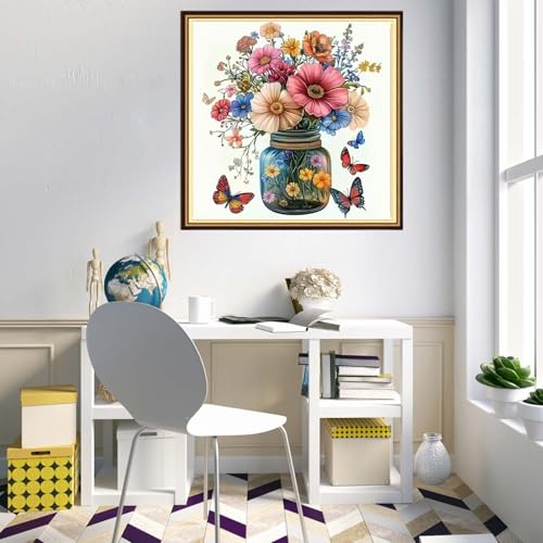 Redxing Counted Cross Stitch Kit for Beginners,Unprinted Needlepoint Kits for Beginners Cross Stitching Embroidery Kit 11CT Stitches kit-Vase Butterfly 18x18 inch - color: KitsColor17