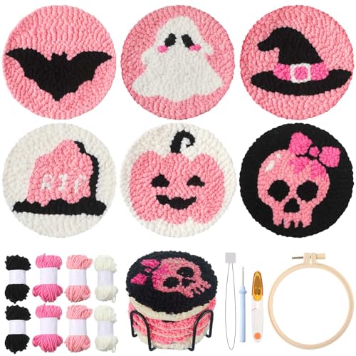 Yaomiao 6 Pcs Halloween Punch Needle Coaster Kit for Beginners Adults - style: Cute Halloween