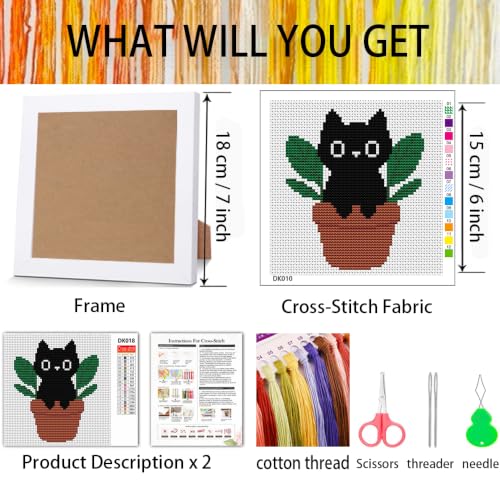 Black Cat Plants Stamped Cross Stitch Kits for Adults Beginners with Frame - color: Black Cat Plants Cross Stitch with Frame