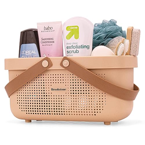 Brookstone Modern Large Portable Shower Caddy with Soft Silicone Carrying Handle, Bathroom Organizer Basket, Plastic Bath Tote and Shower Organizer, Quick Dry Drainage Holes, BPA Free, Blush - color: Blush / Beige