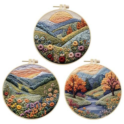 EUBUY Landscape Embroidery Kits for Beginners, Embroidery Kits for Beginners Adults, Beginners Embroidery Starter Kit with Pattern, Needle Thread DIY Embroidery Material Kit - color: Type 2