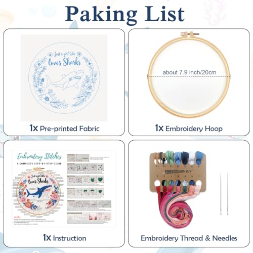 Louise Maelys Cartoon Shark Embroidery Kit for Beginners, DIY Stitching - color: Cartoon Shark