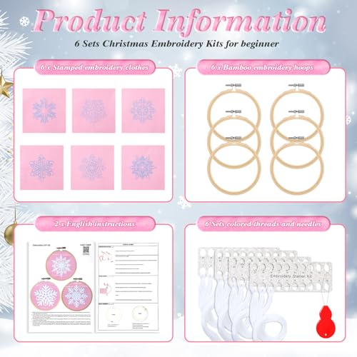 Roowest 6 Sets Christmas Embroidery Kits Snowflake Ornament DIY,Pink - color: Pink