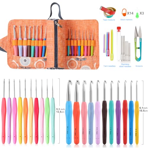 Vodiye 21 Sizes Ergonomic Crochet Hooks Set with Roll-Up Case, 0.5-10.0mm - size: 21 Size (0.5–10.0mm) Roll Bag