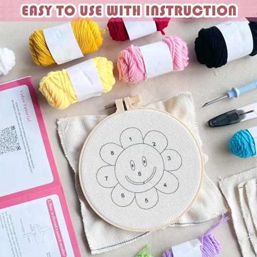 SEREDH Punch Needle Coasters Kit for Beginners Adults Easy Needle Punch Embroidery Kit Set Threader Instruction Fabric Hoop Yarn Tufting Coaster DIY Making,Coaster Holder Coaster Art Craft Supplies - color: Rainbow