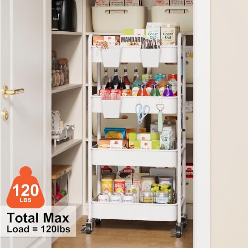 4 Tier Rolling Storage Cart Metal with Wheels, 37in Heavy Duty Roller Carts - color: Light White, size: 4 Tier + Cups + Hooks